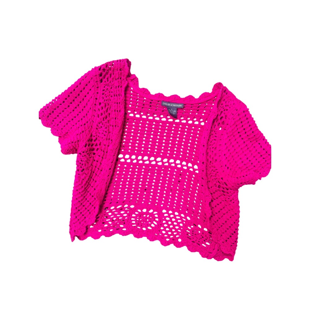 Chelsea & Theodore Hot Pink Crochet Knit Shrug Bolero Short Sleeve Cotton Small